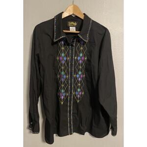 Bob Mackie Wearable Art Womens Top XL Button Up Black Embroidered Long Sleeve